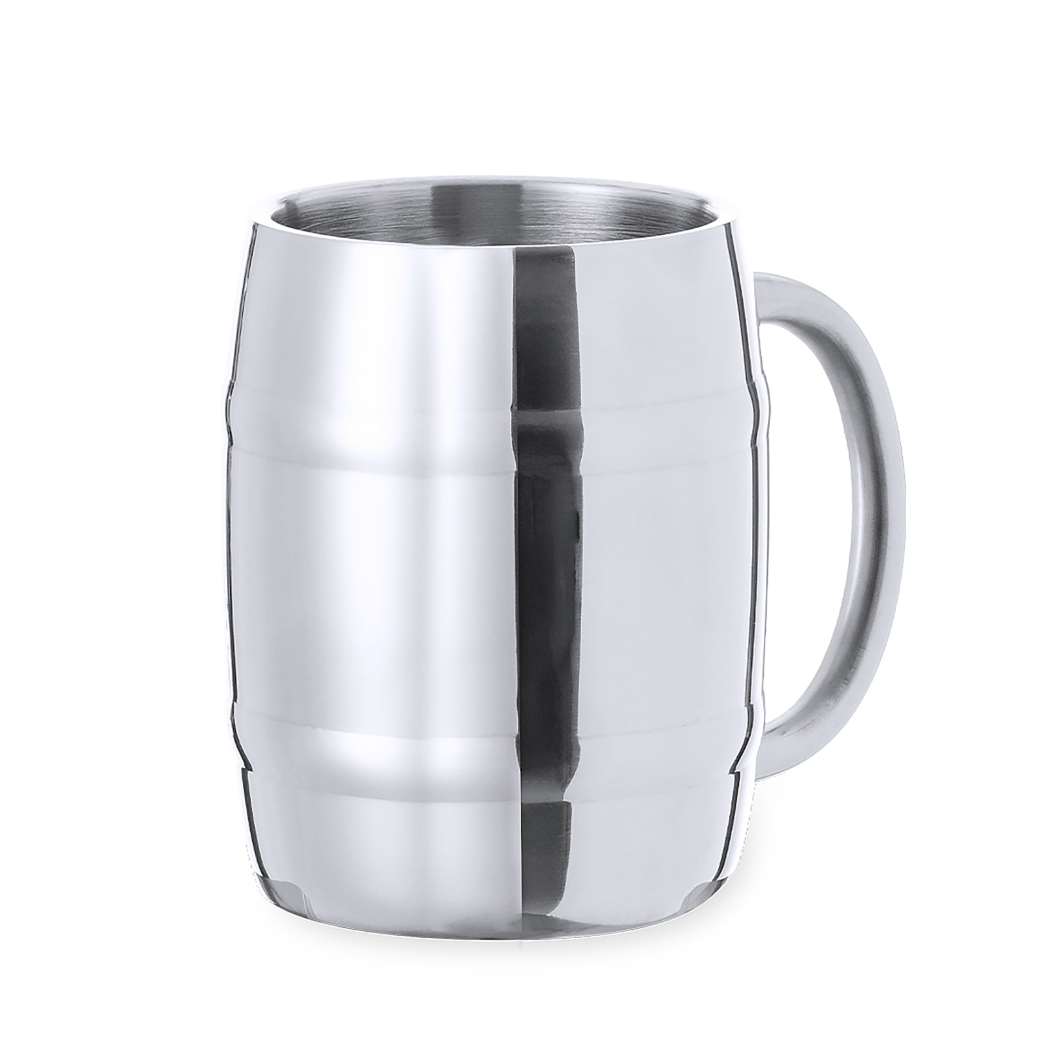 Una jarra de cerveza plateada con asa, con diseño de barril.