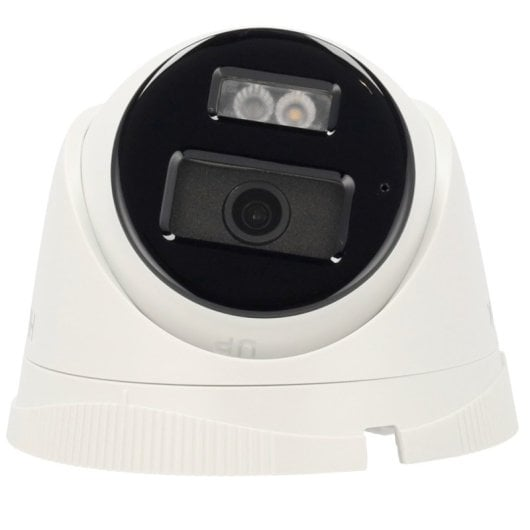 Telecamera dome bianca con placca frontale nera, lente e LED IR.
