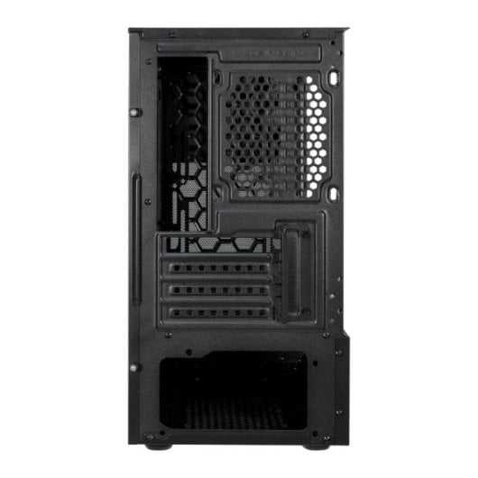 Retro di un case per computer nero con fessure di ventilazione e slot di espansione.