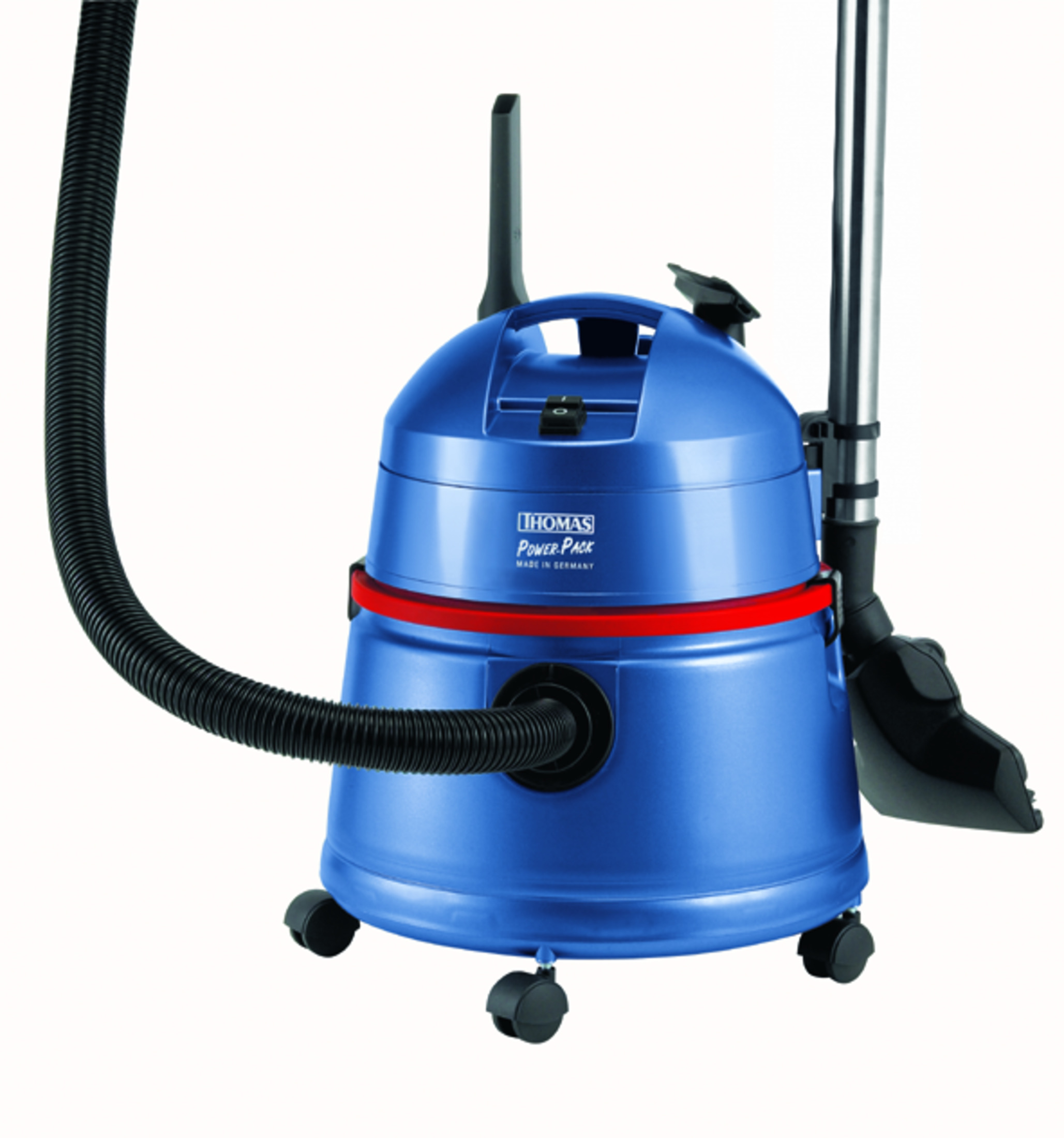 Una aspiradora azul Thomas Power-Pack con manguera negra y accesorios con ruedas.
