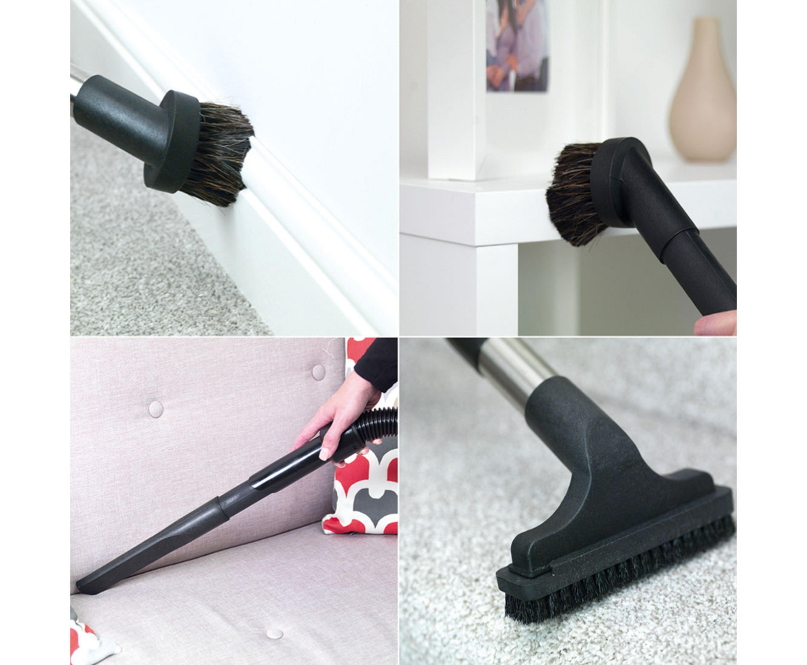 Bürstenaufsätze für Staubsaugerreinigung an Sockelleisten, Regalen und Teppichen.