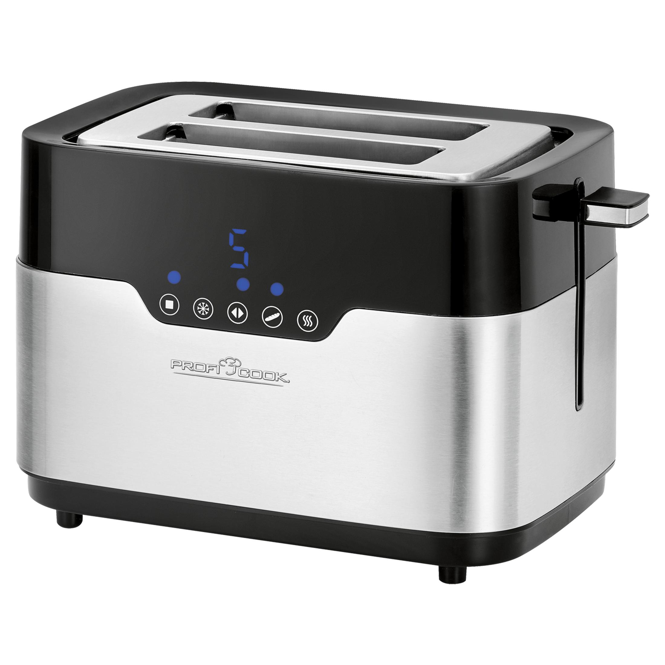 Ein silberner und schwarzer Toaster mit digitaler Anzeige und Bedienelementen.