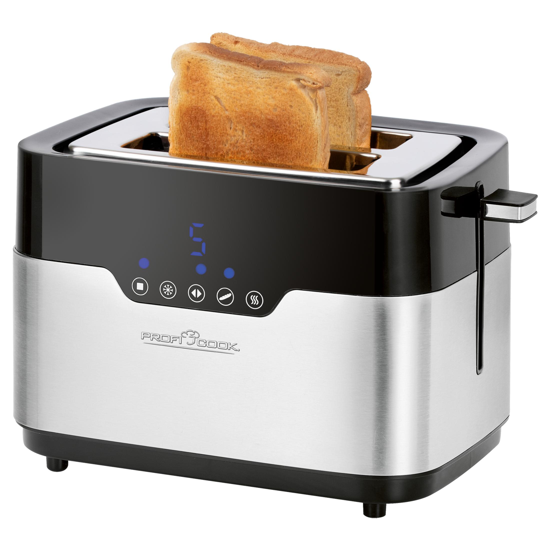 Ein silberner und schwarzer Toaster mit zwei Toastbrotscheiben.