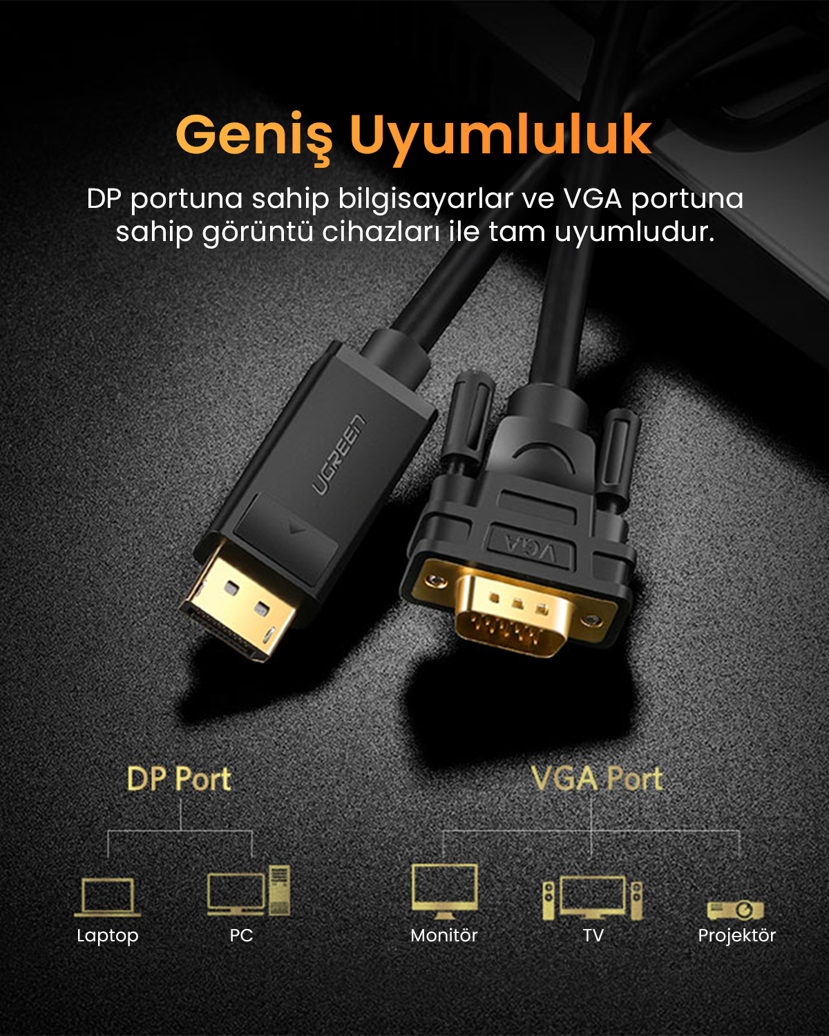 DisplayPort ve VGA kabloları laptop, PC, monitör, TV ve projektörlere bağlanır.