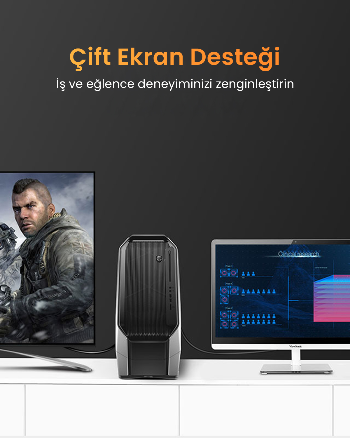 Oyunları ve verileri gösteren iki monitöre bağlı bir oyun bilgisayarı.