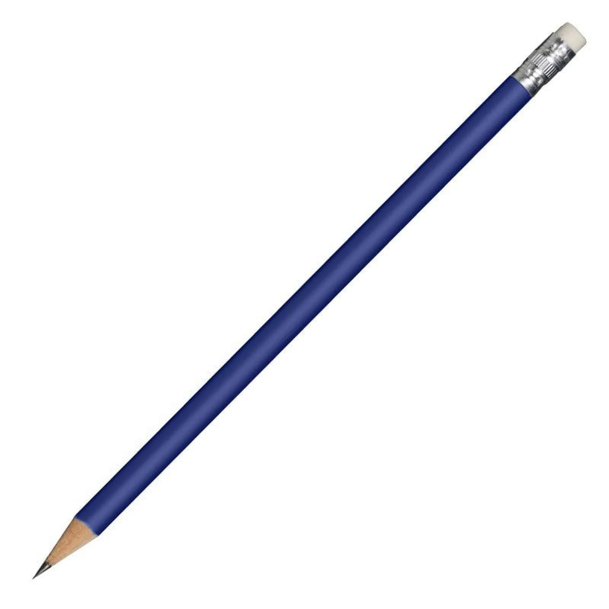 Un crayon bleu avec gomme et férule métallique sur fond blanc.