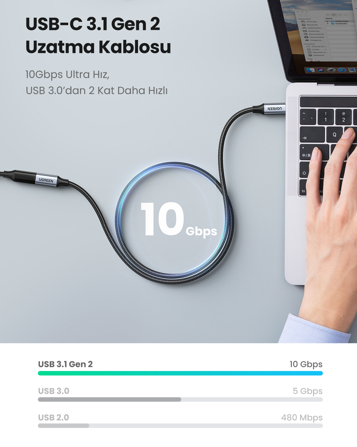 Bir USB-C 3.1 Gen 2 kablosu bir dizüstü bilgisayara bağlıdır. 10 Gbps hız gösterir.