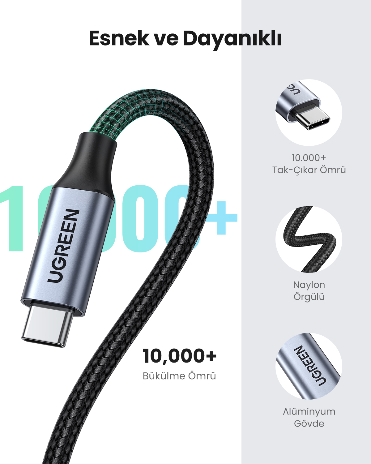 UGREEN USB-C kablosu gümüş renkli konektör ve siyah örgülü kablo.