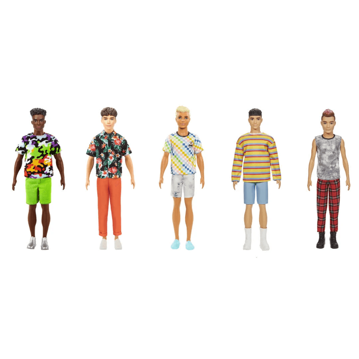 Fünf männliche Puppen stehen nebeneinander und tragen bunte Outfits.