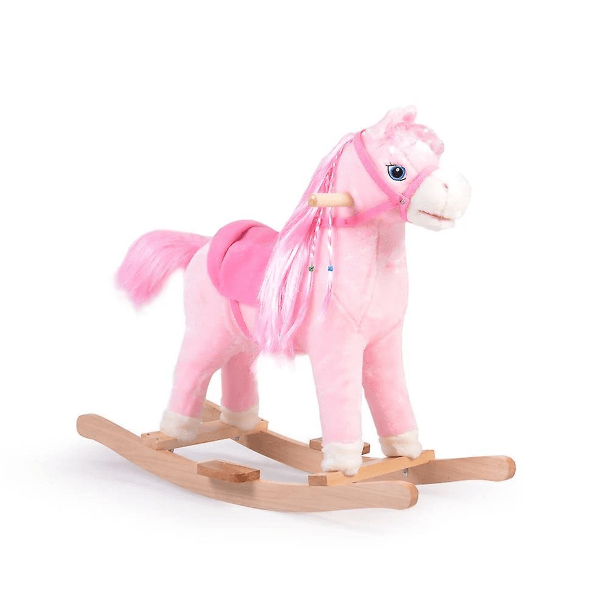 Un caballito balancín de peluche rosa con balancines de madera.