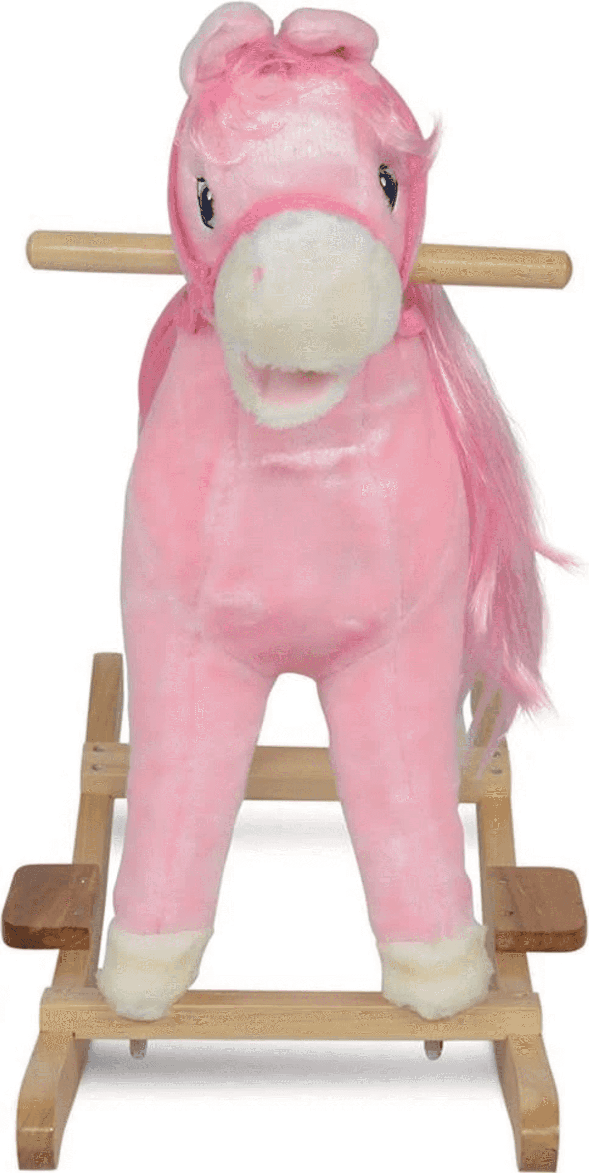 Un caballo balancín rosa con asas de madera y base de madera.