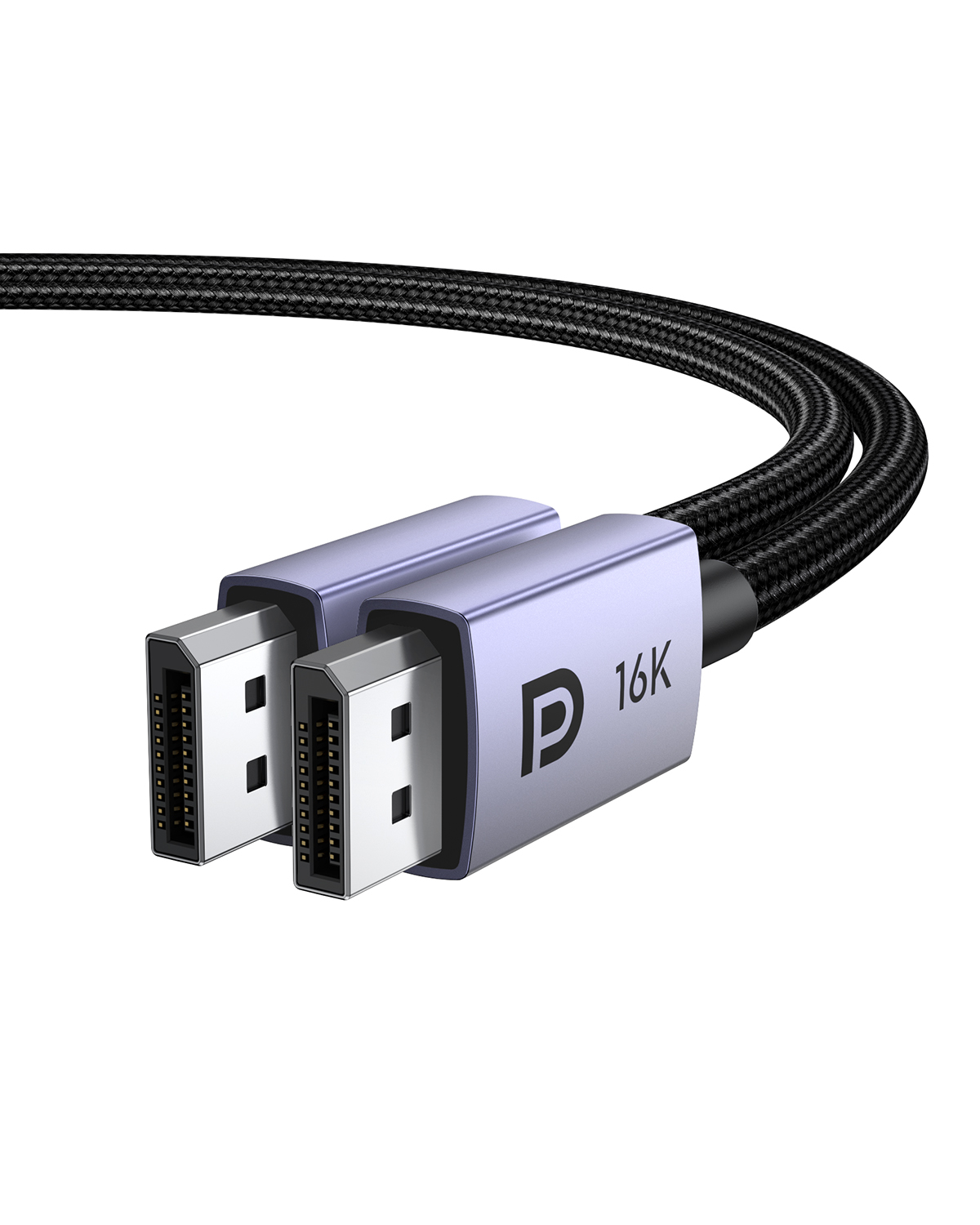 Mor 'P 16K' logolu iki DisplayPort konektörlü siyah kablo.
