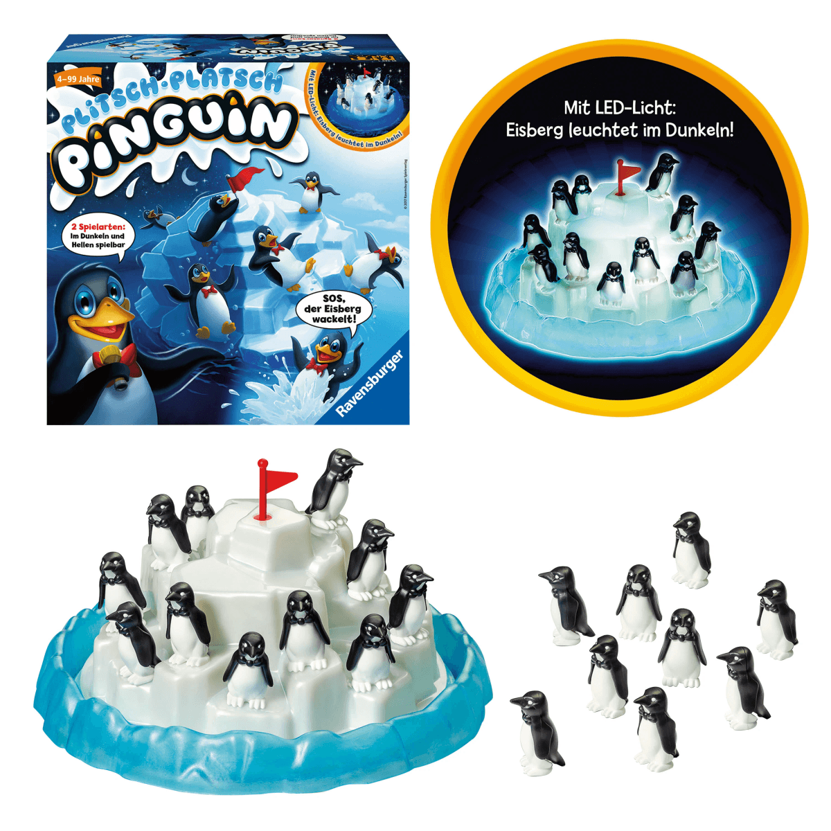 Spielverpackung und Zubehör für das Spiel Plitsch Platsch Pinguin mit leuchtendem Eisberg.