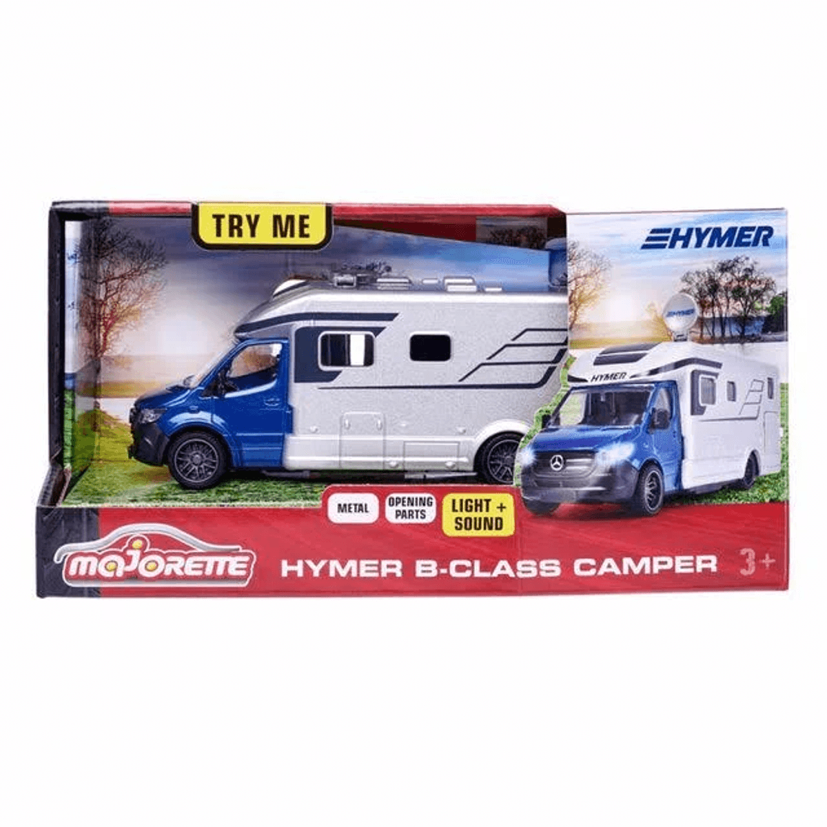 Spielzeug Wohnmobil mit blauer Fahrerkabine und silbernem Aufbau.