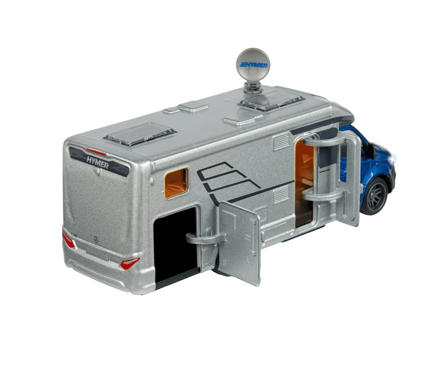 Silberner Wohnmobil-Spielzeug mit offenen Türen, Satellitenschüssel.
