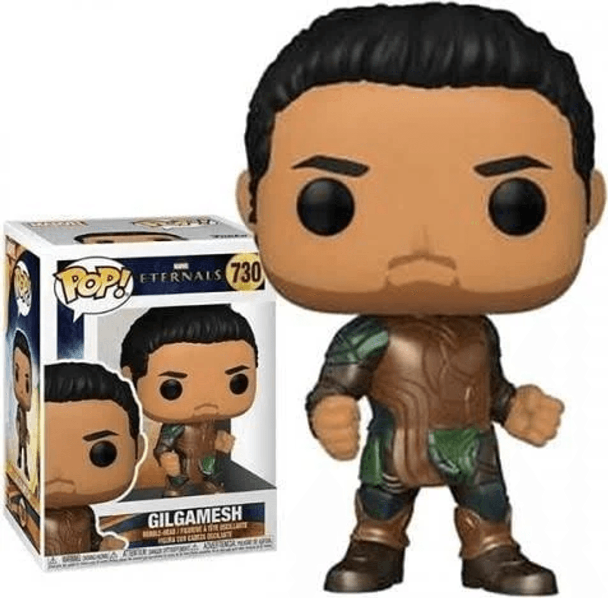 Figura Funko Pop Gilgamesh con caja. Figura tiene piel marrón, pelo negro, armadura marrón.