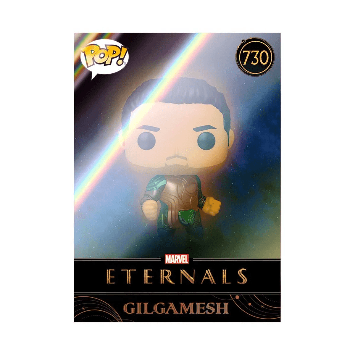 Figura Funko Pop de Gilgamesh de Eternals de Marvel, con arcoíris y fondo espacial.