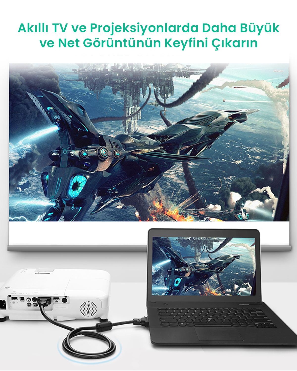 Bir dizüstü bilgisayar ve projektör uzay gemisi savaş görüntüsü gösteriyor. Kablolar onları bağlıyor.