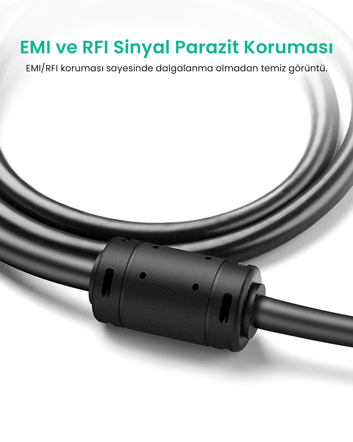 EMI/RFI sinyal koruması için ferrit çekirdekli siyah kablo.