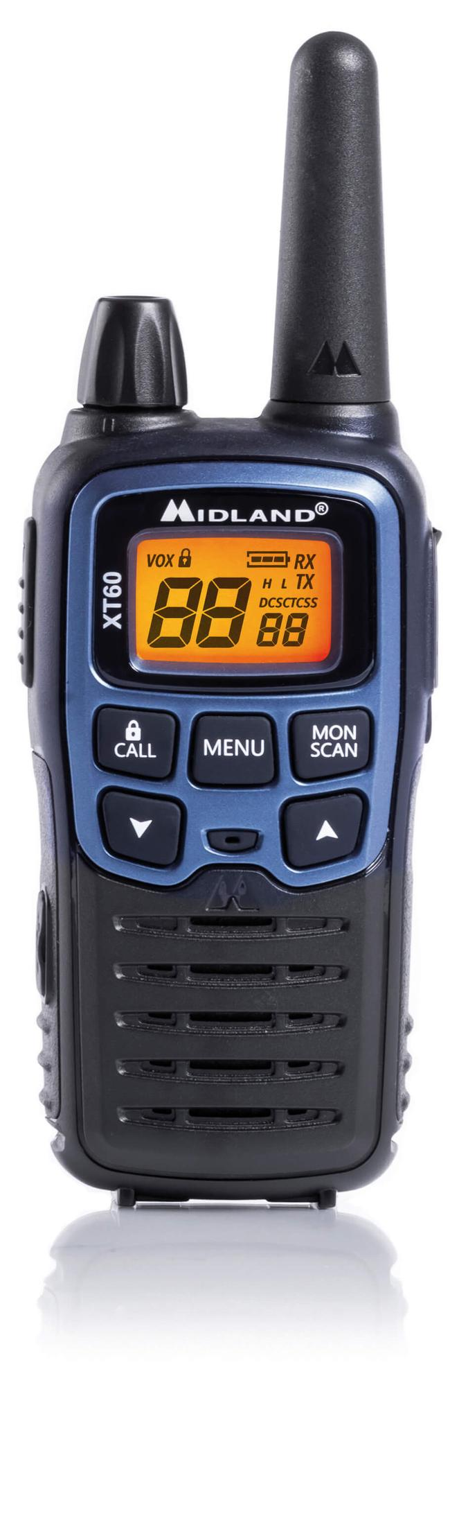 Ein Midland XT60 Funkgerät mit Antenne, Display und Knöpfen.