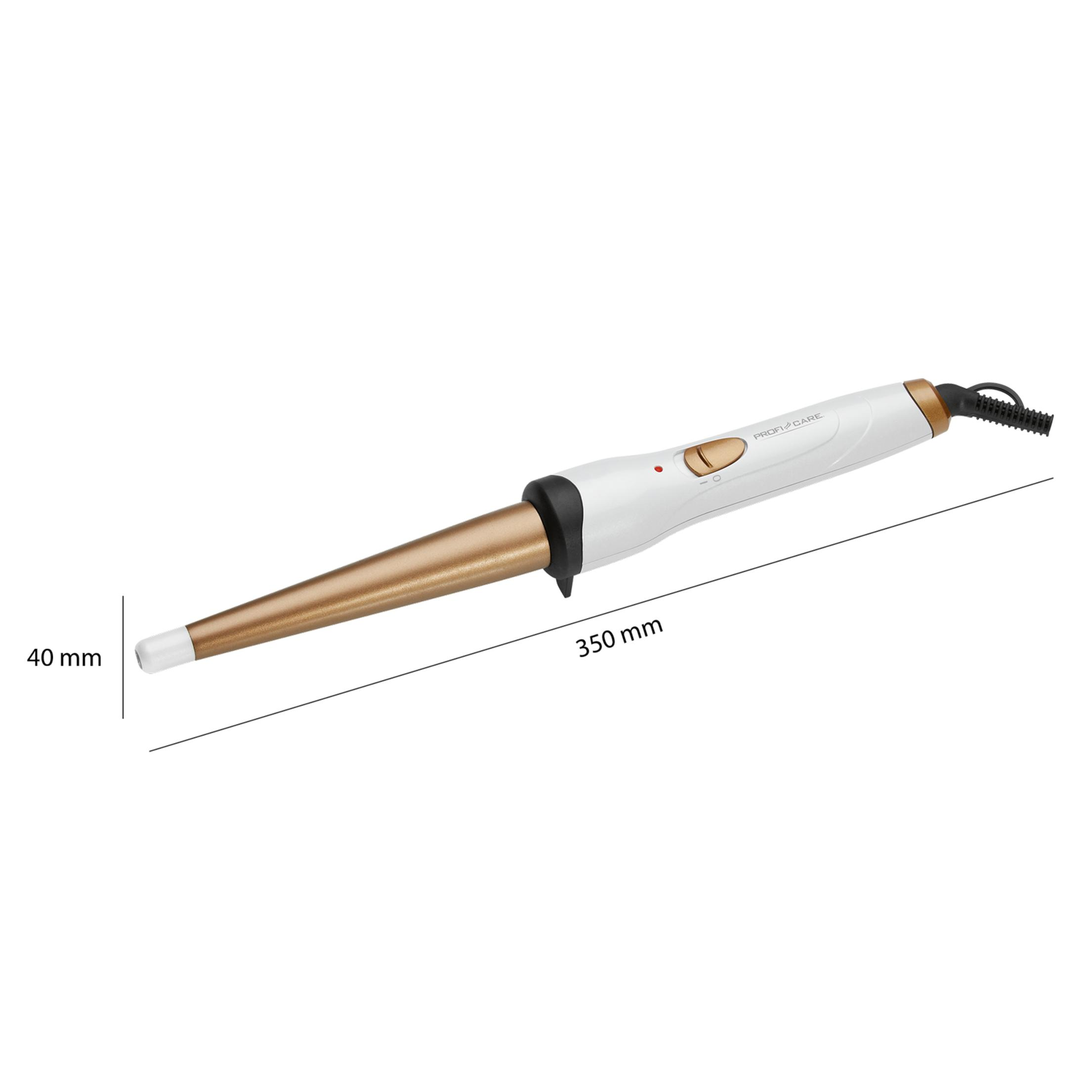 Ein konischer Lockenstab mit weißem Griff und goldenem Zylinder.