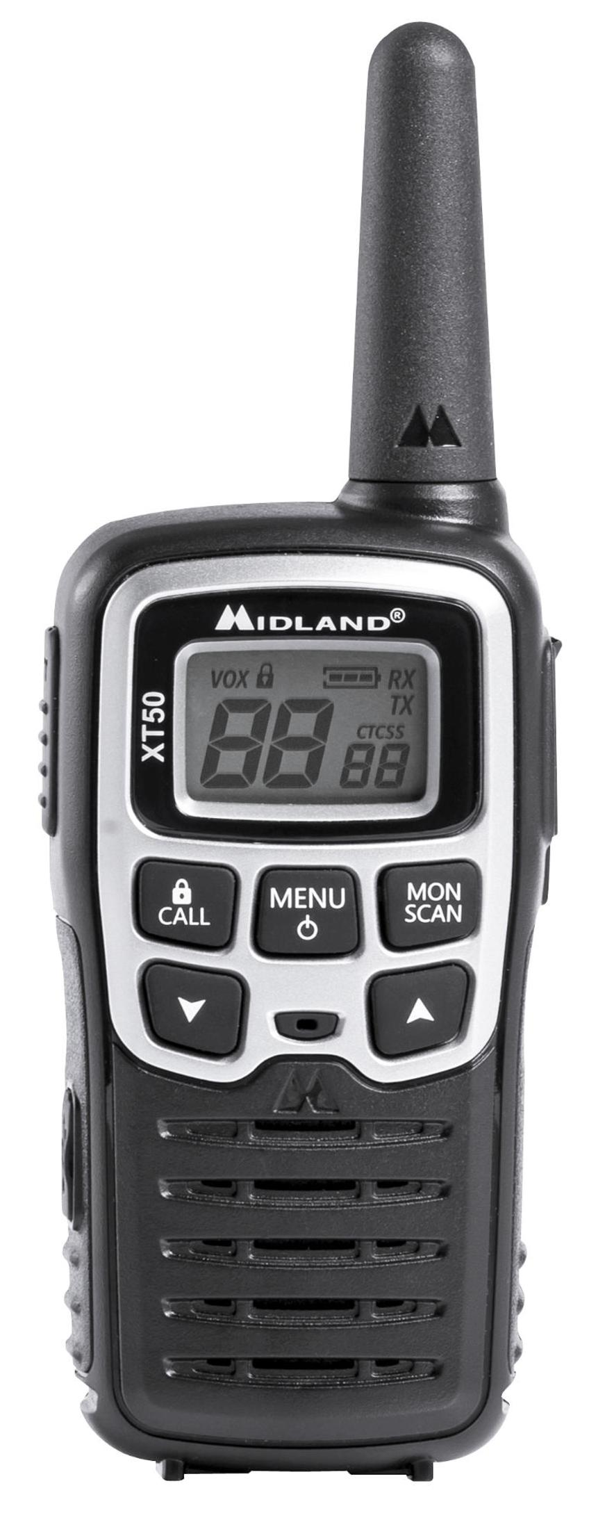 Un walkie-talkie Midland XT50 negro con pantalla y botones.