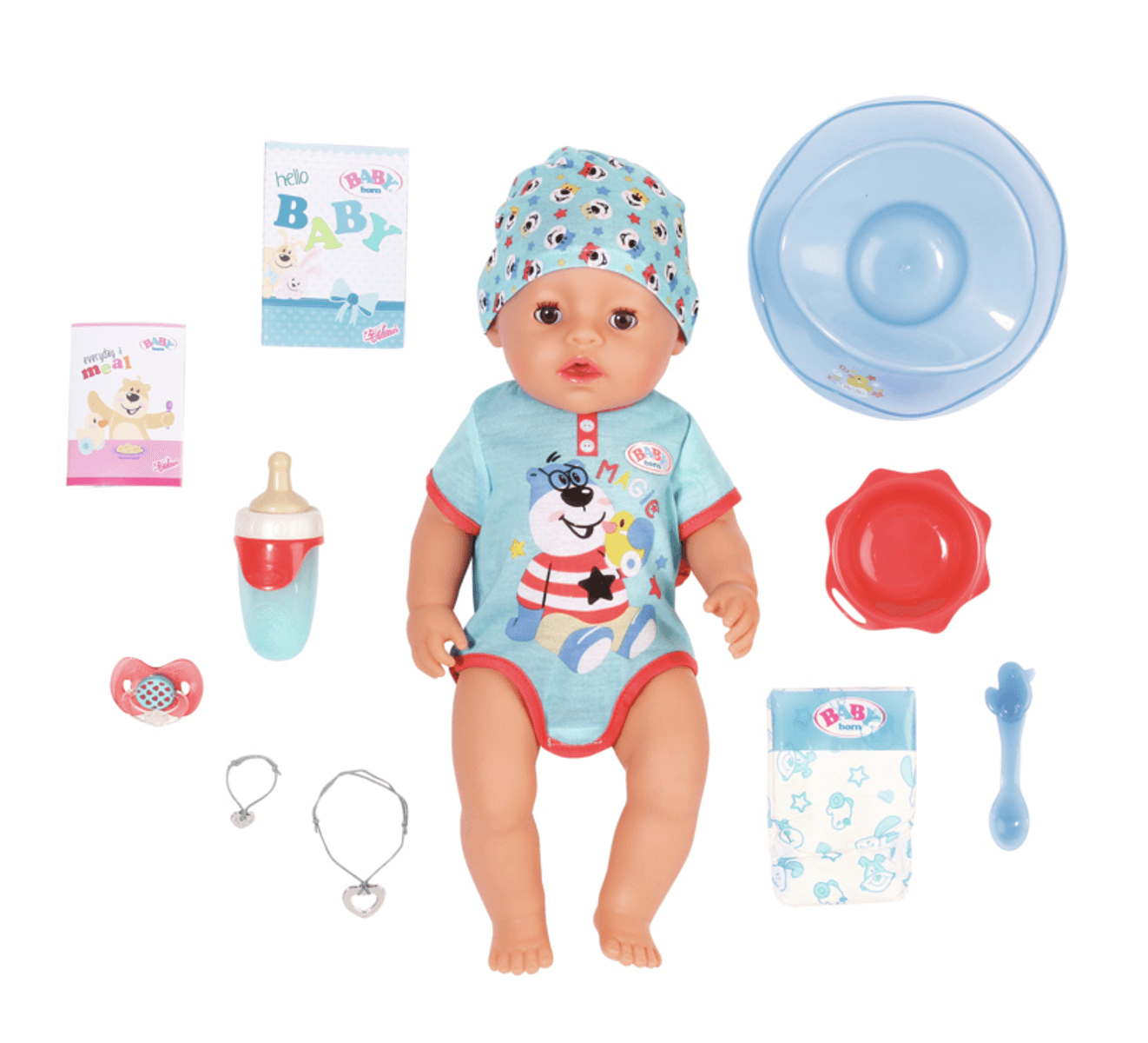 Baby Puppe mit Kleidung, Flasche, Schnuller, Schüssel und Windel.
