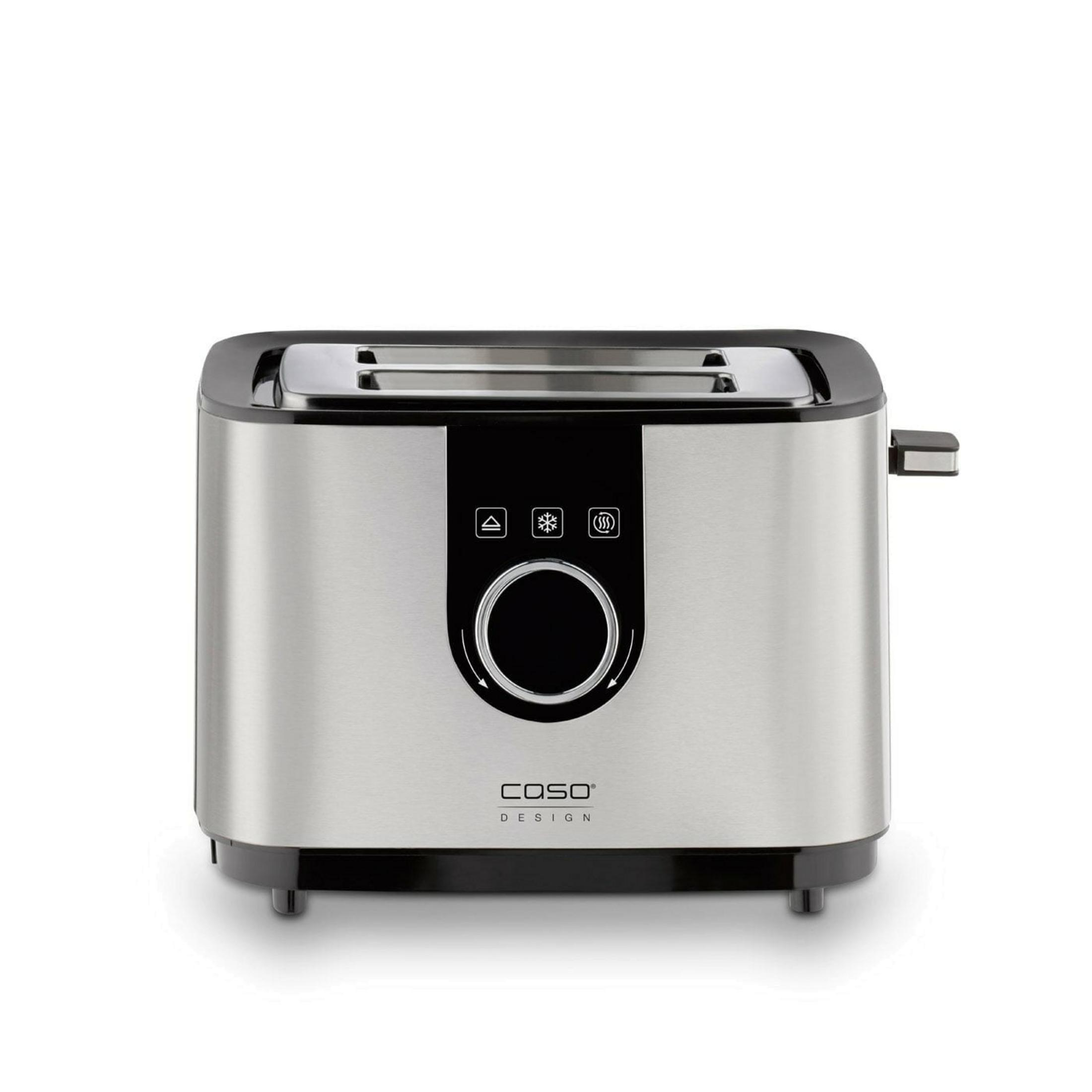 Ein silberner Toaster mit schwarzem Bedienfeld und runder Steuerung.