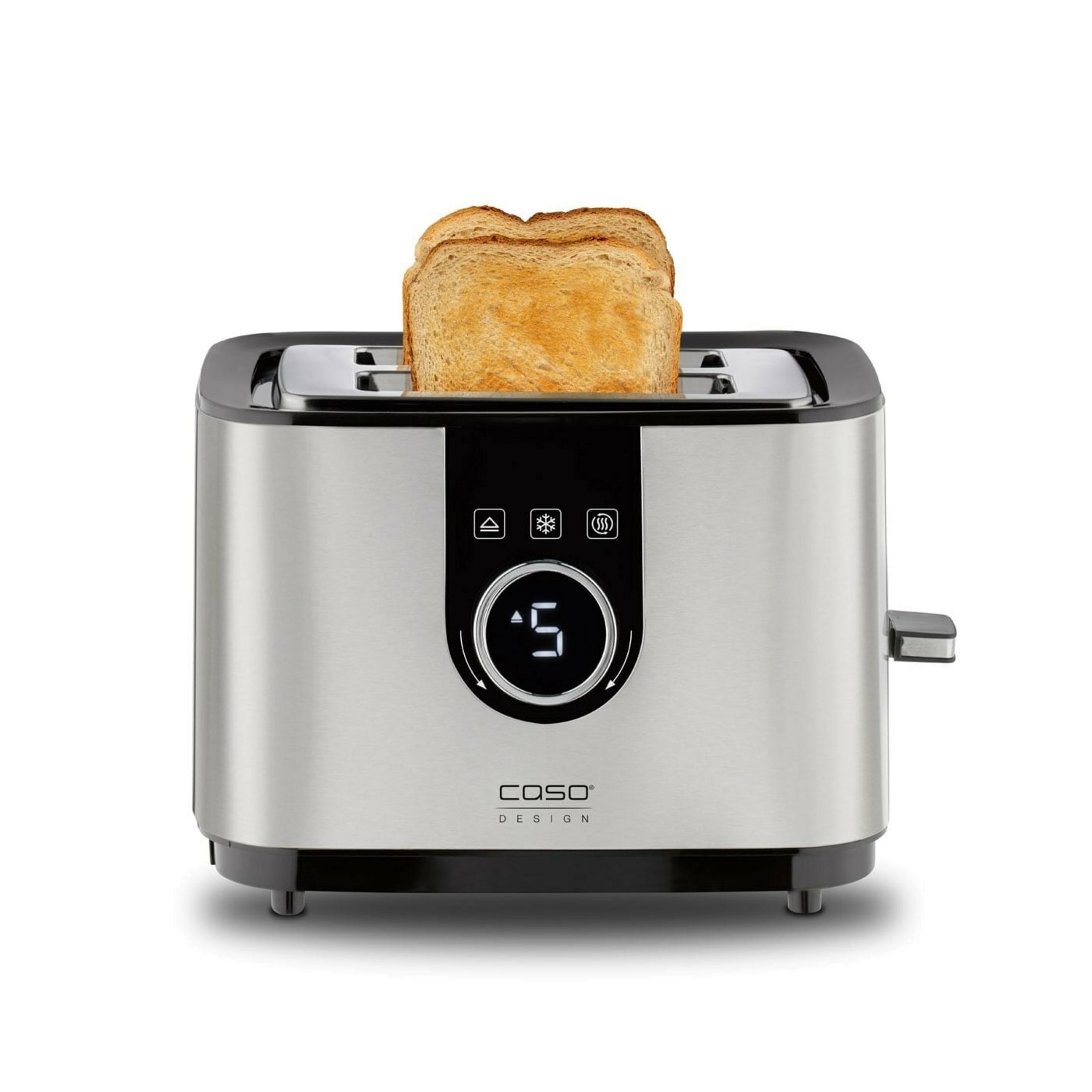 Ein silberner Toaster mit zwei Scheiben Toast, die oben herausragen.