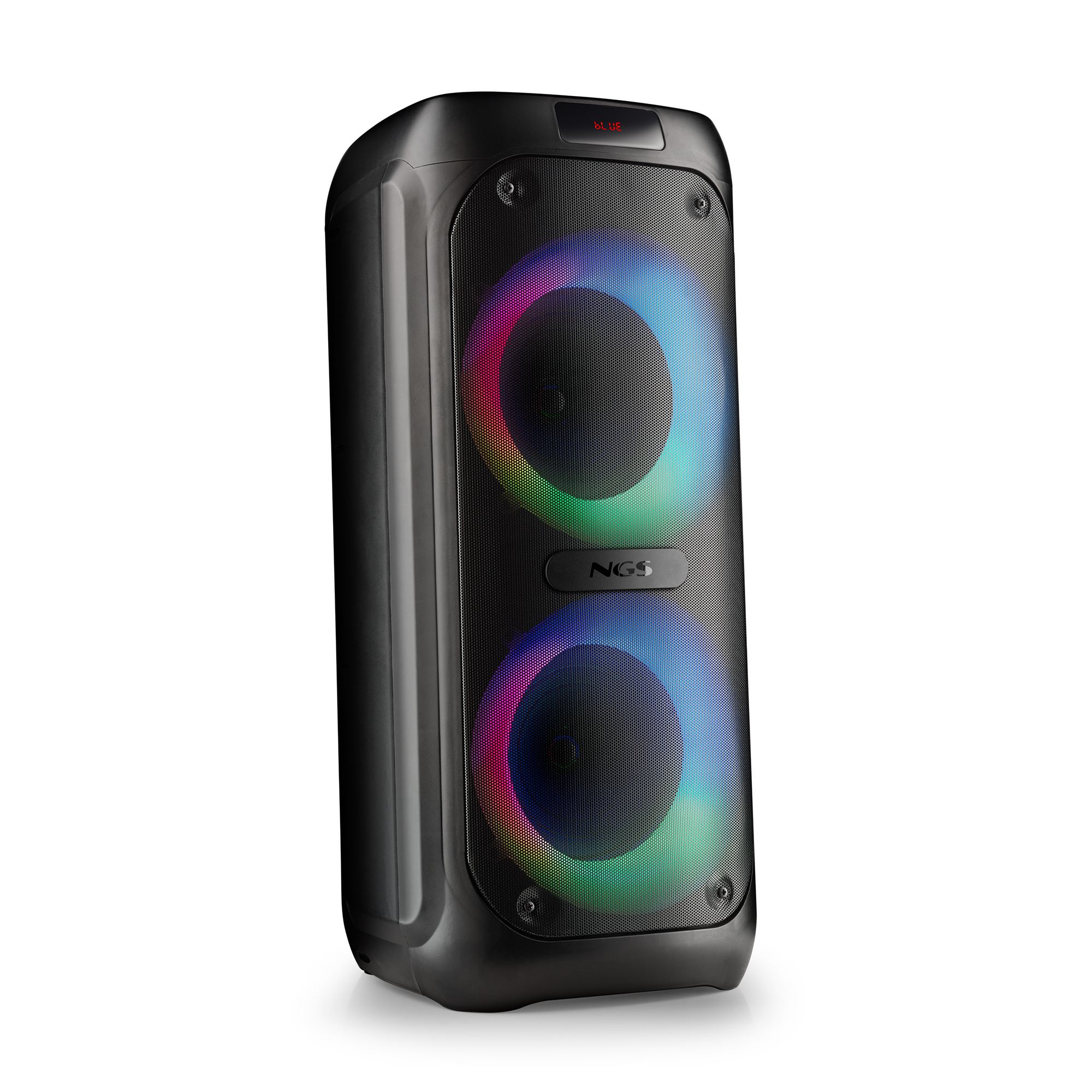 Altoparlante nero con due woofer e luci LED colorate.