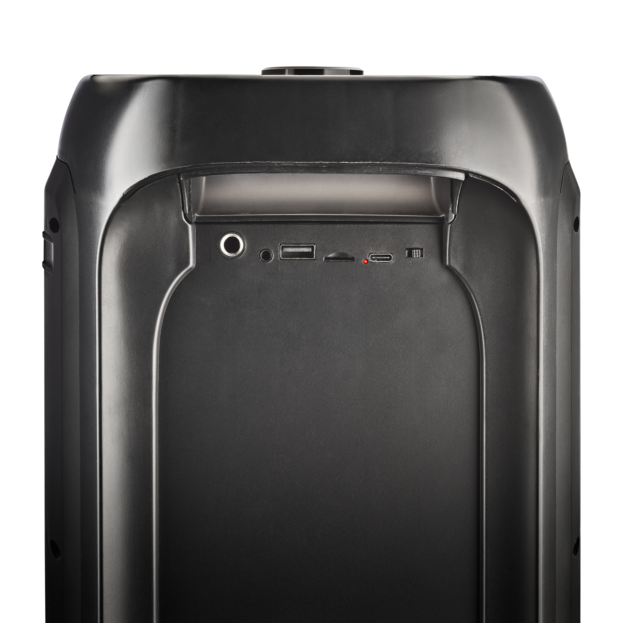 Altoparlante nero con porte: jack, USB, SD, micro USB, interruttore.