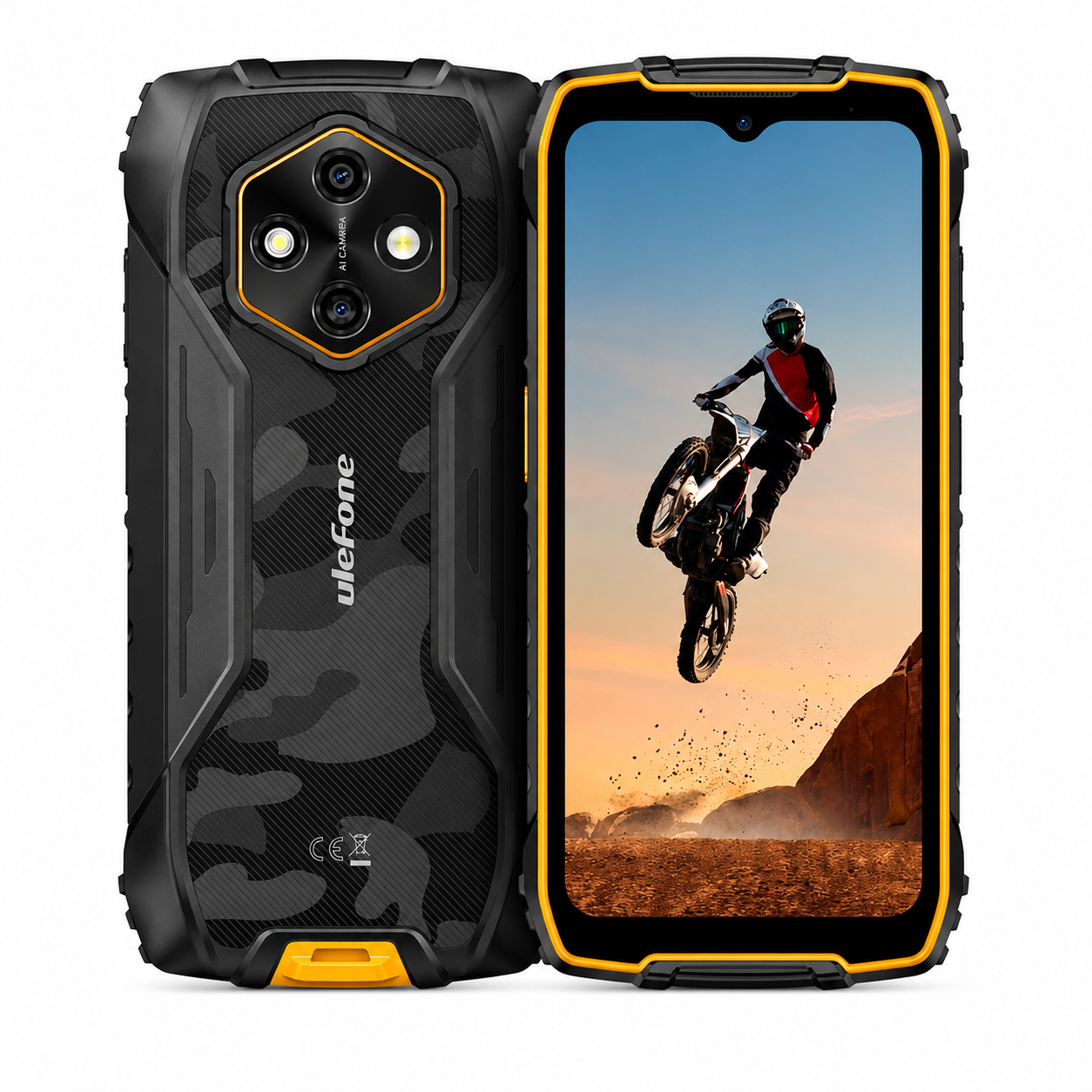 Telefono robusto con retro mimetico, cornice gialla. Schermo mostra motociclista in aria.
