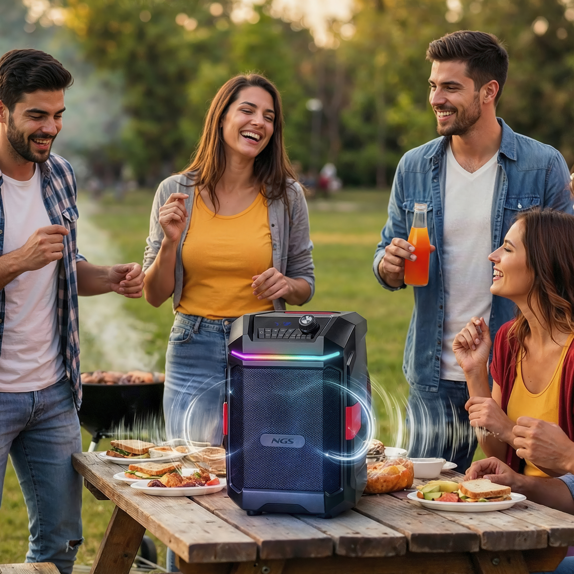 Amici fanno barbecue e picnic all'aperto con uno speaker.