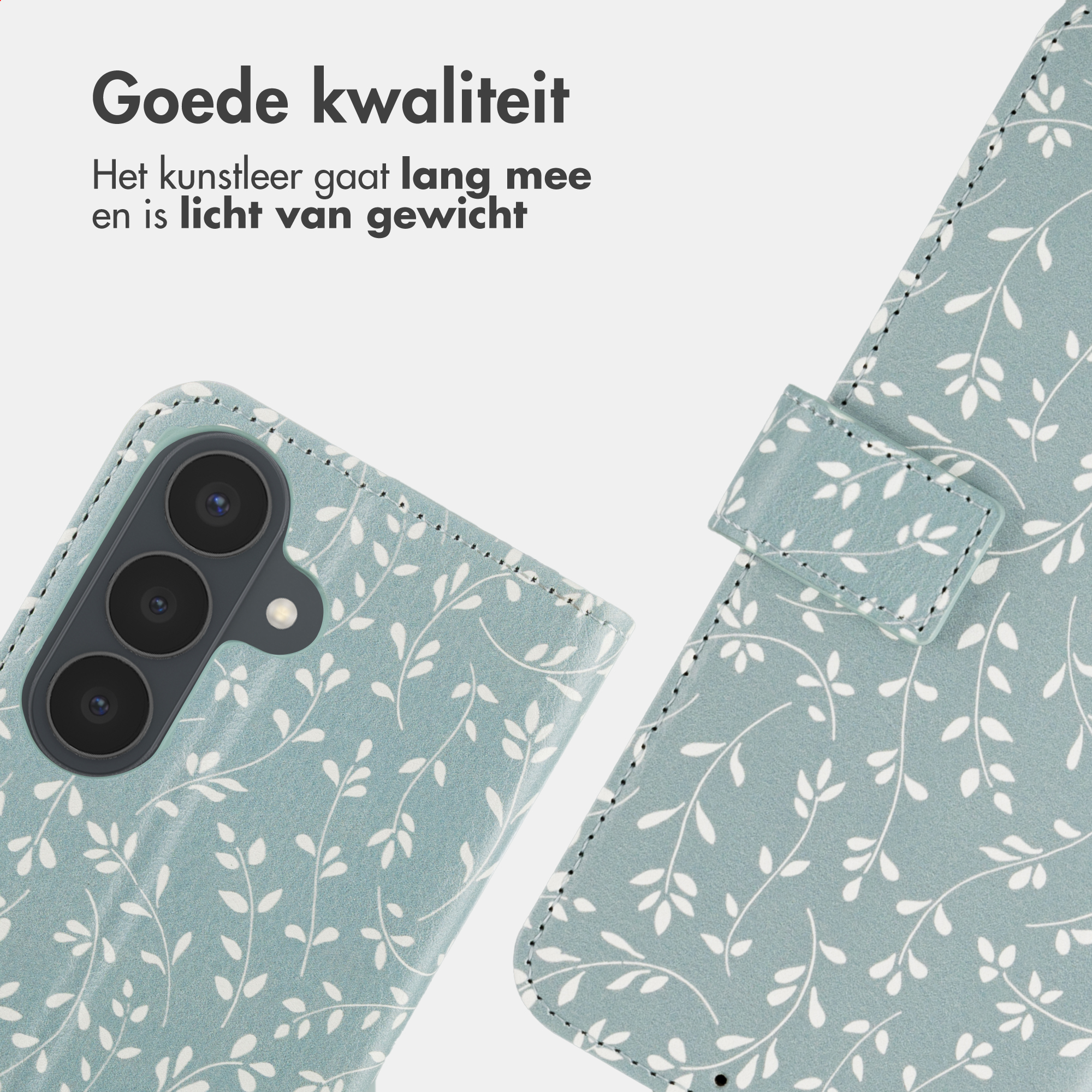 Een blauwe kunstleren telefoonhoes met wit bladpatroon en cameramodule.