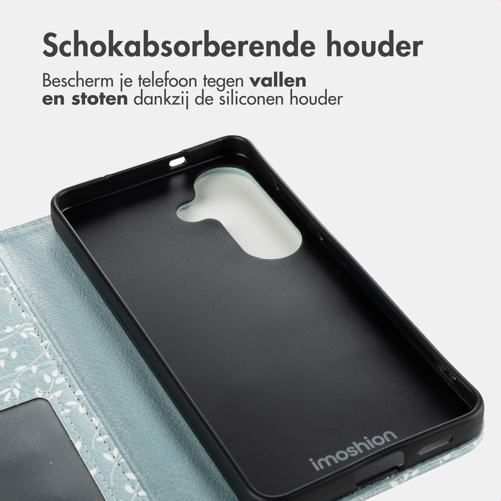 Zwarte telefoonhoes met bloemenpatroon, imosshion logo.