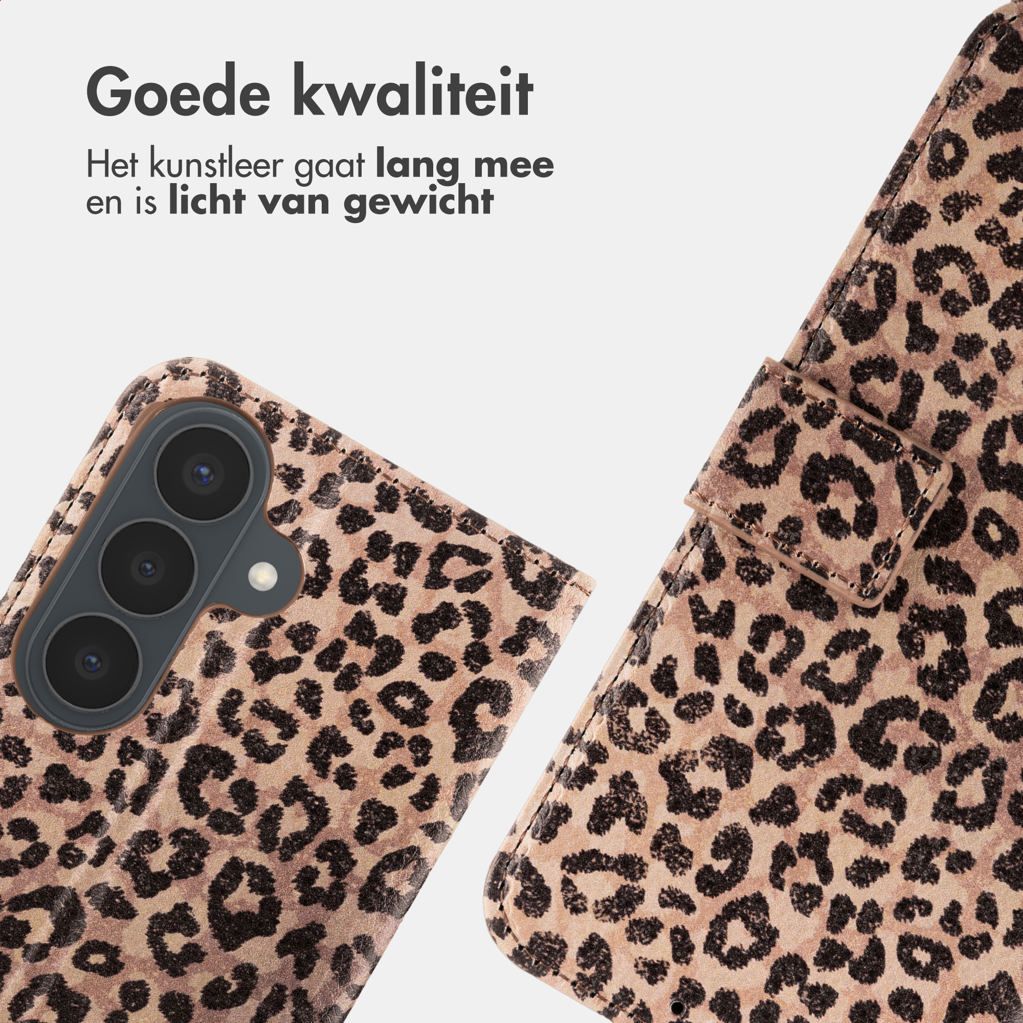 Telefoonhoesje met luipaardprint en drie camera lenzen aan de achterkant.