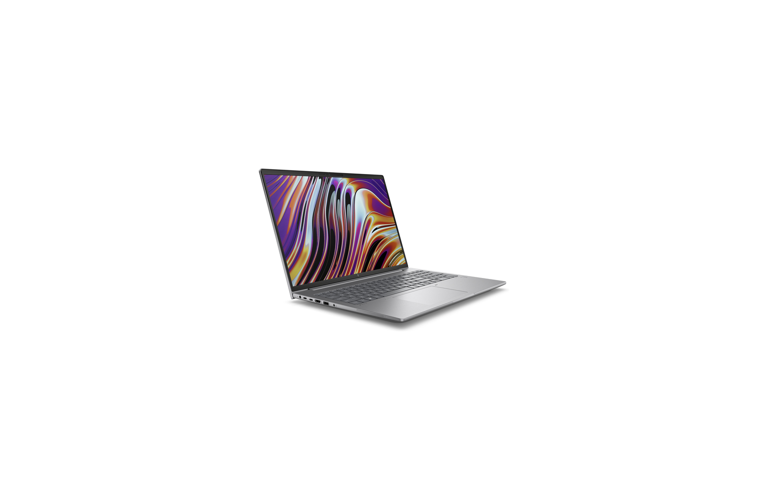 A silver laptop is open, displaying a colorful, abstract background on its screen.