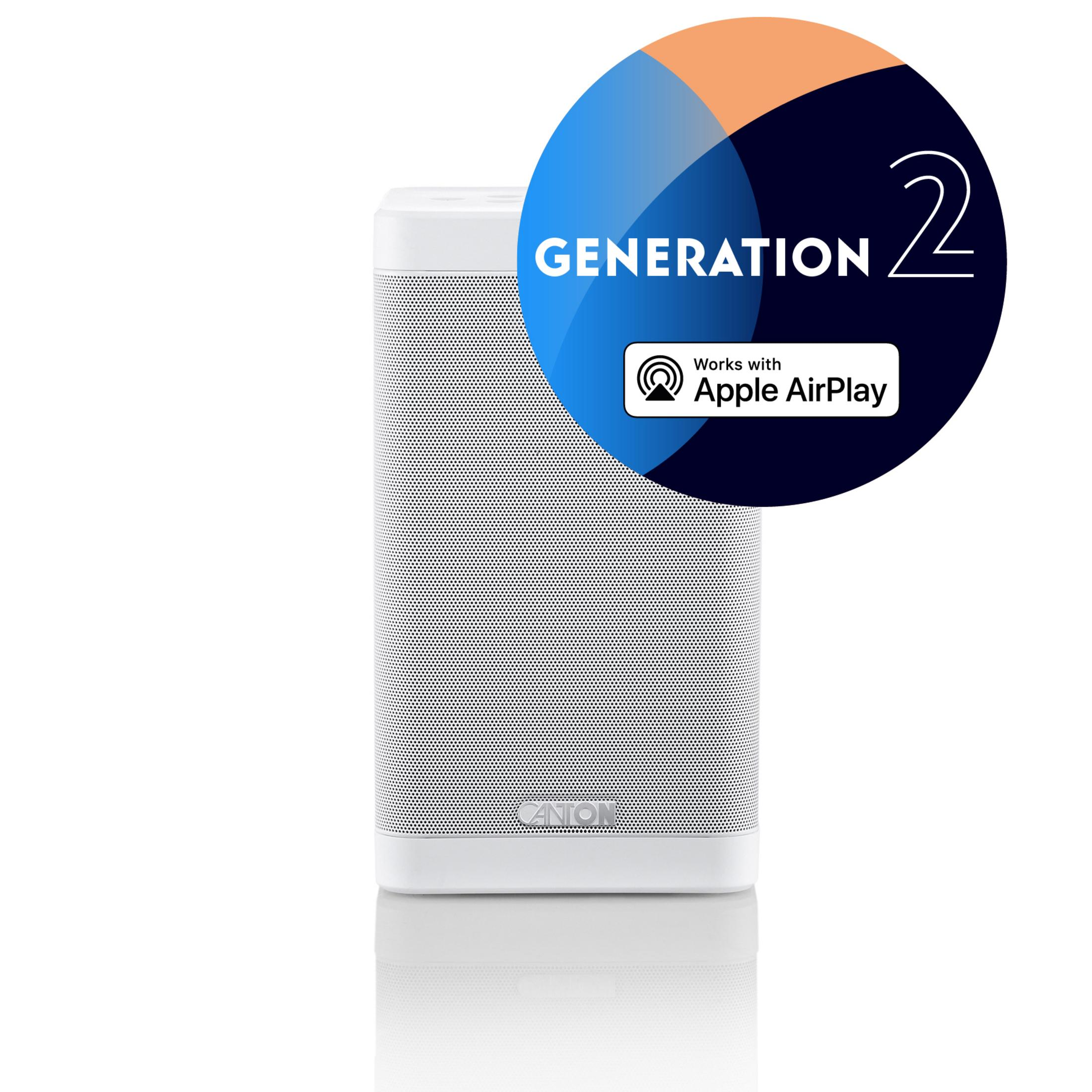 Een witte luidspreker met tekst "Generation 2" en "Works with Apple AirPlay".