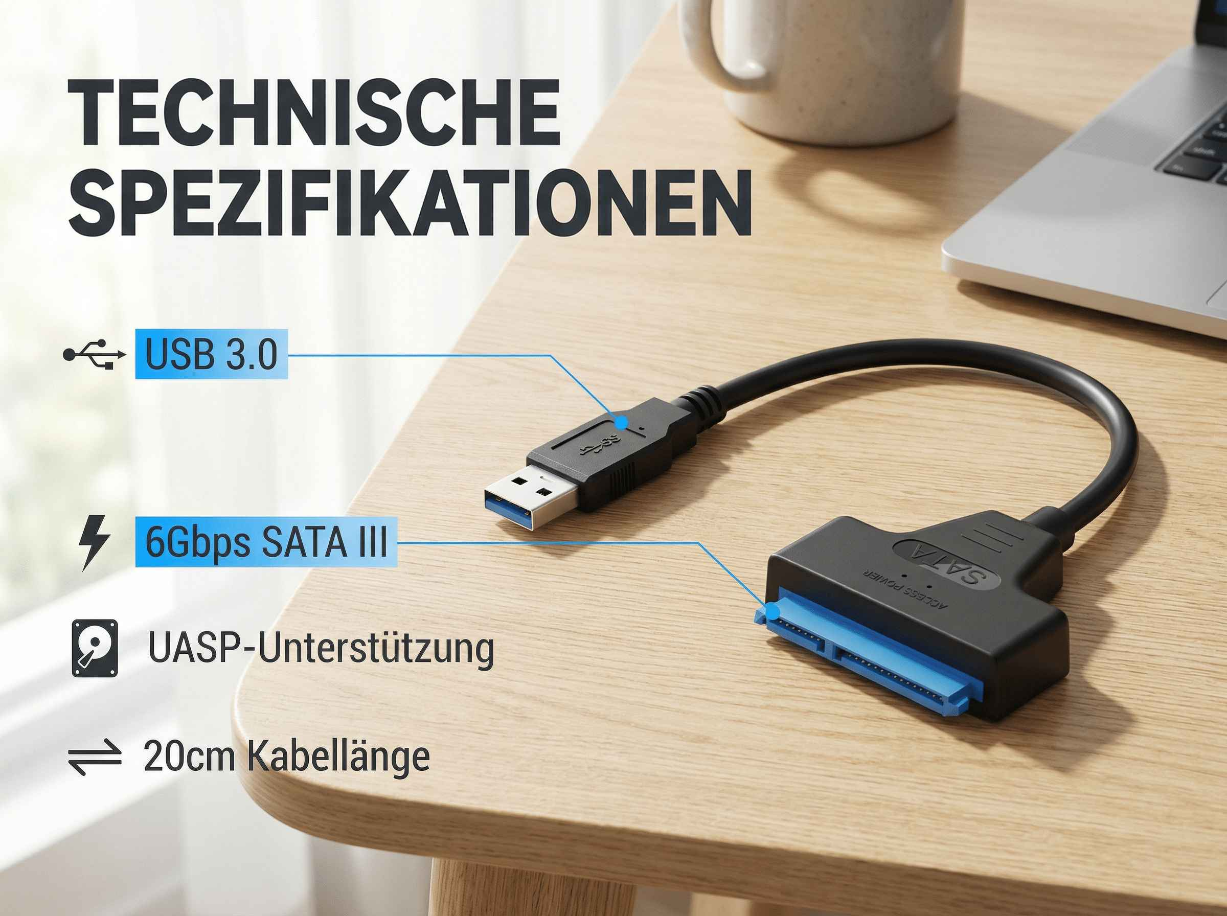 USB 3.0 zu SATA Adapter mit 6Gbps, UASP und 20cm Kabel.