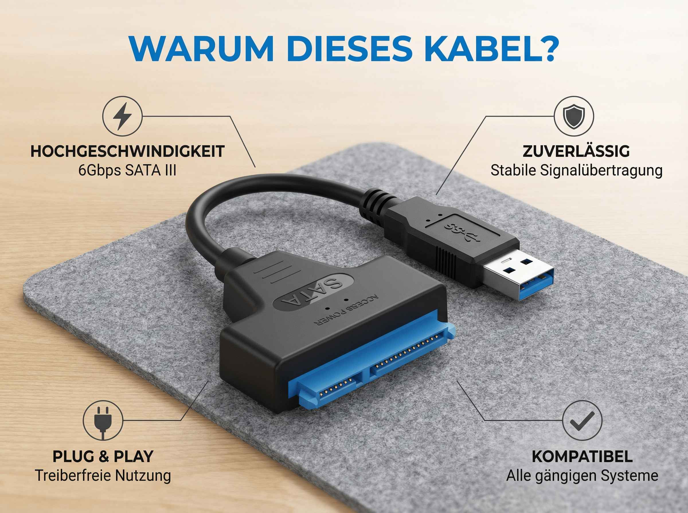 Ein schwarzer SATA-zu-USB-Adapter liegt auf einem grauen Filzuntergrund.