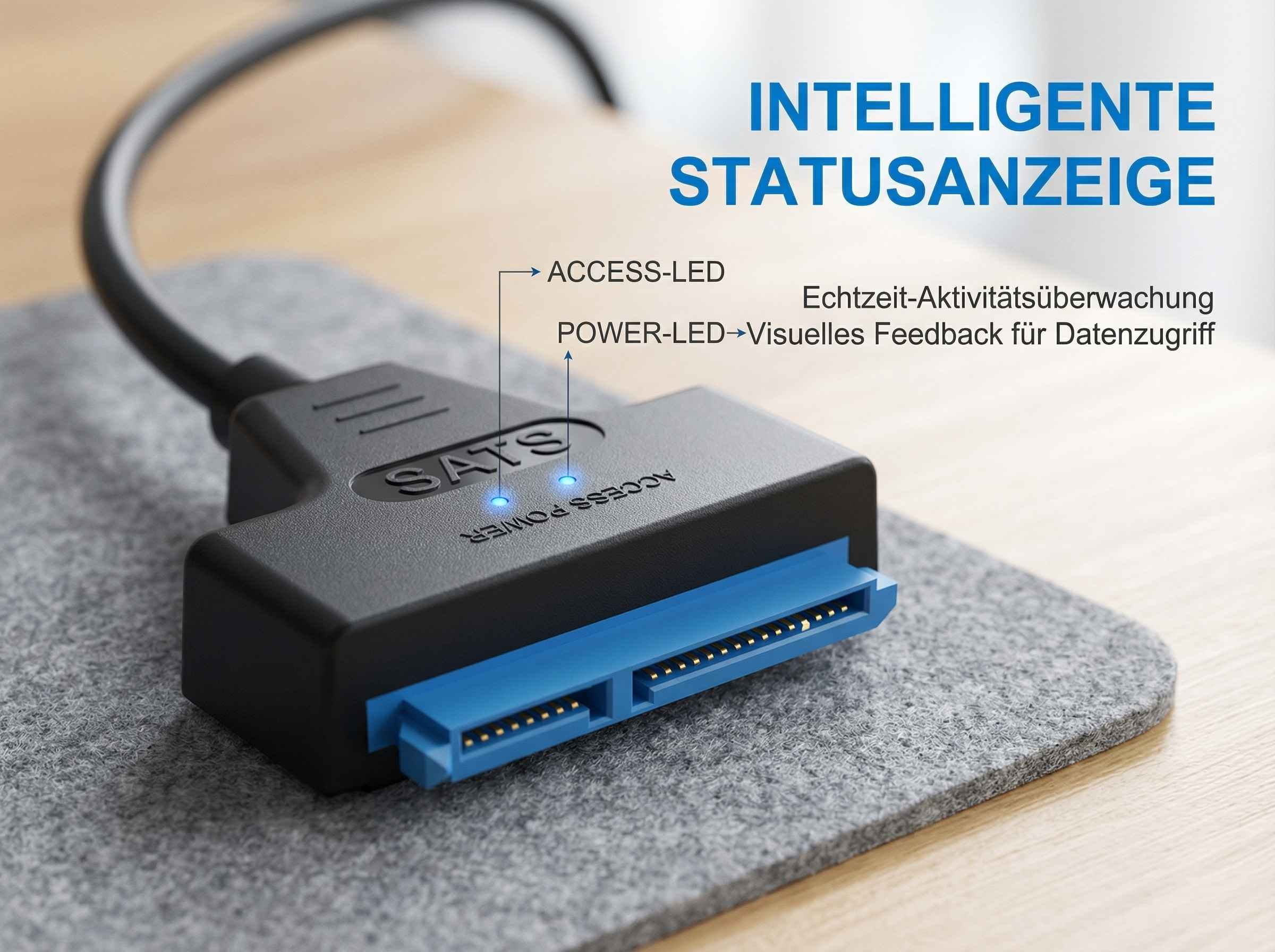 Schwarzer SATA-Adapter mit blauen Anschlüssen und LEDs. Text erklärt Statusanzeige.