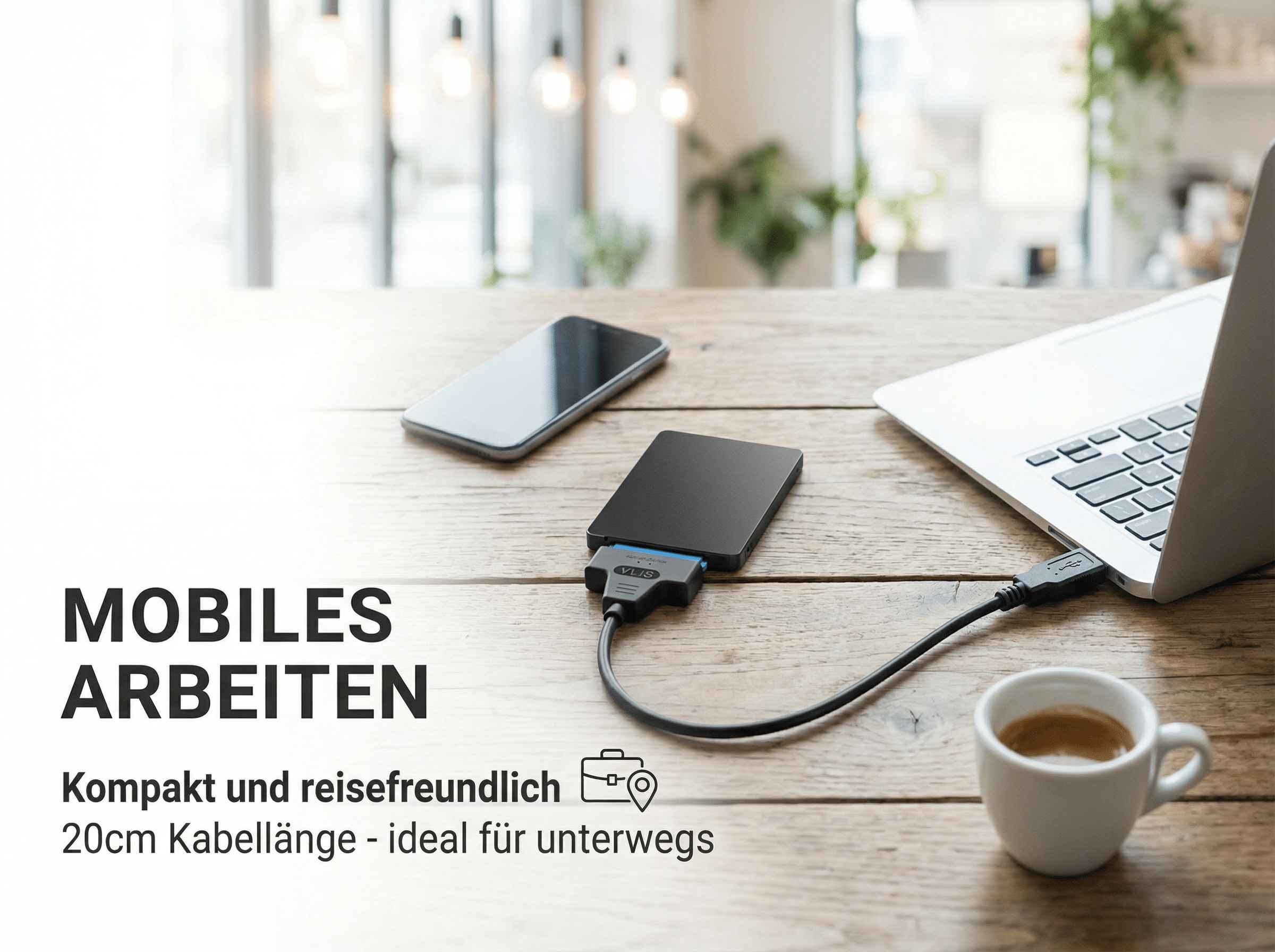 Festplatte mit Laptop und Smartphone auf Holztisch, Tasse Kaffee daneben.