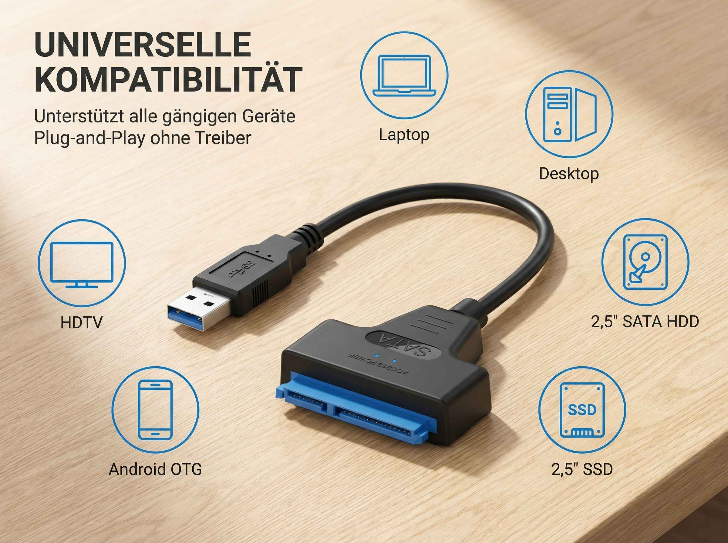 SATA-zu-USB-Adapter für Laptops, Desktops, HDTVs, Android-Geräte, SSDs und HDDs.