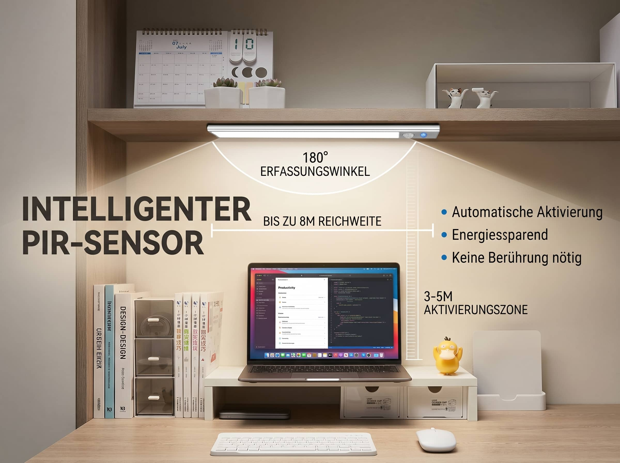 Schreibtisch mit Laptop, Büchern, Kalender und einem PIR-Sensor-Licht.