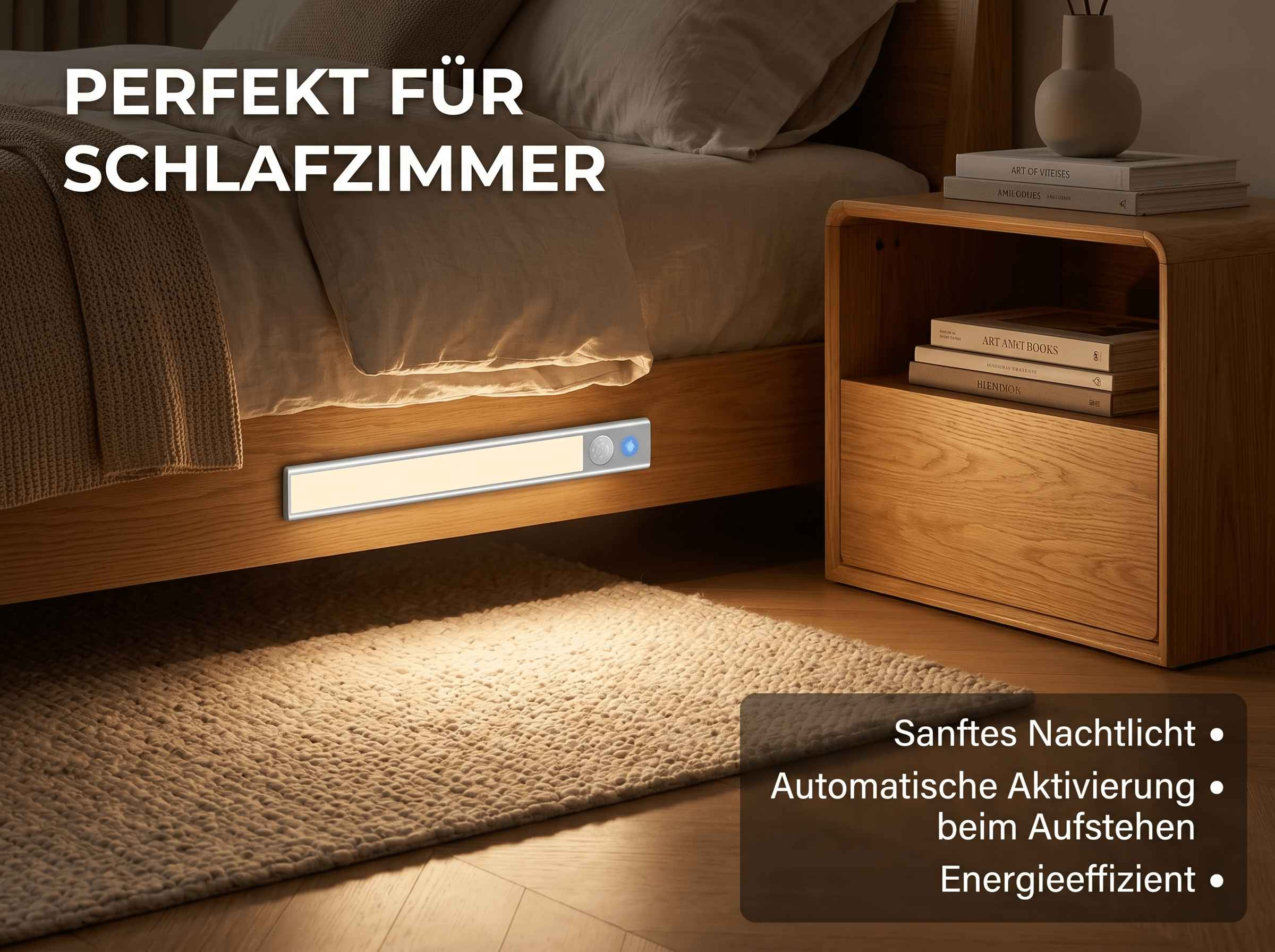 Ein Nachttisch neben einem Bett mit einem hellen Lichtstreifen unter dem Bett.