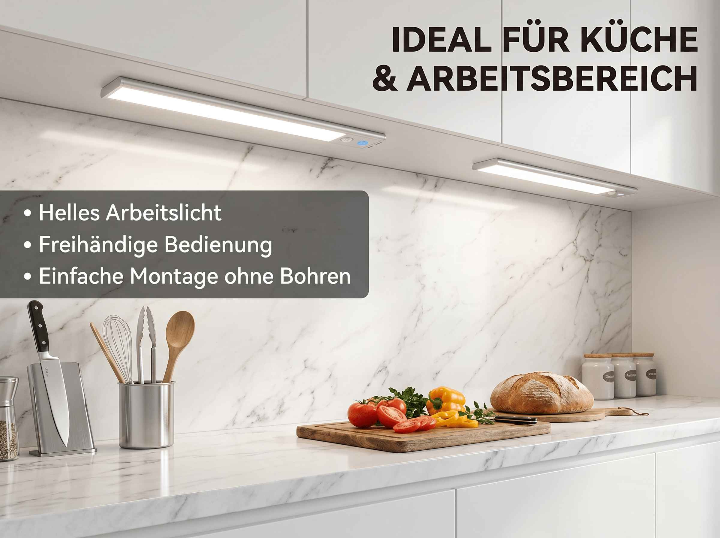 Moderne Küche mit Unterbauleuchten, Obst und Brot auf der Arbeitsplatte.