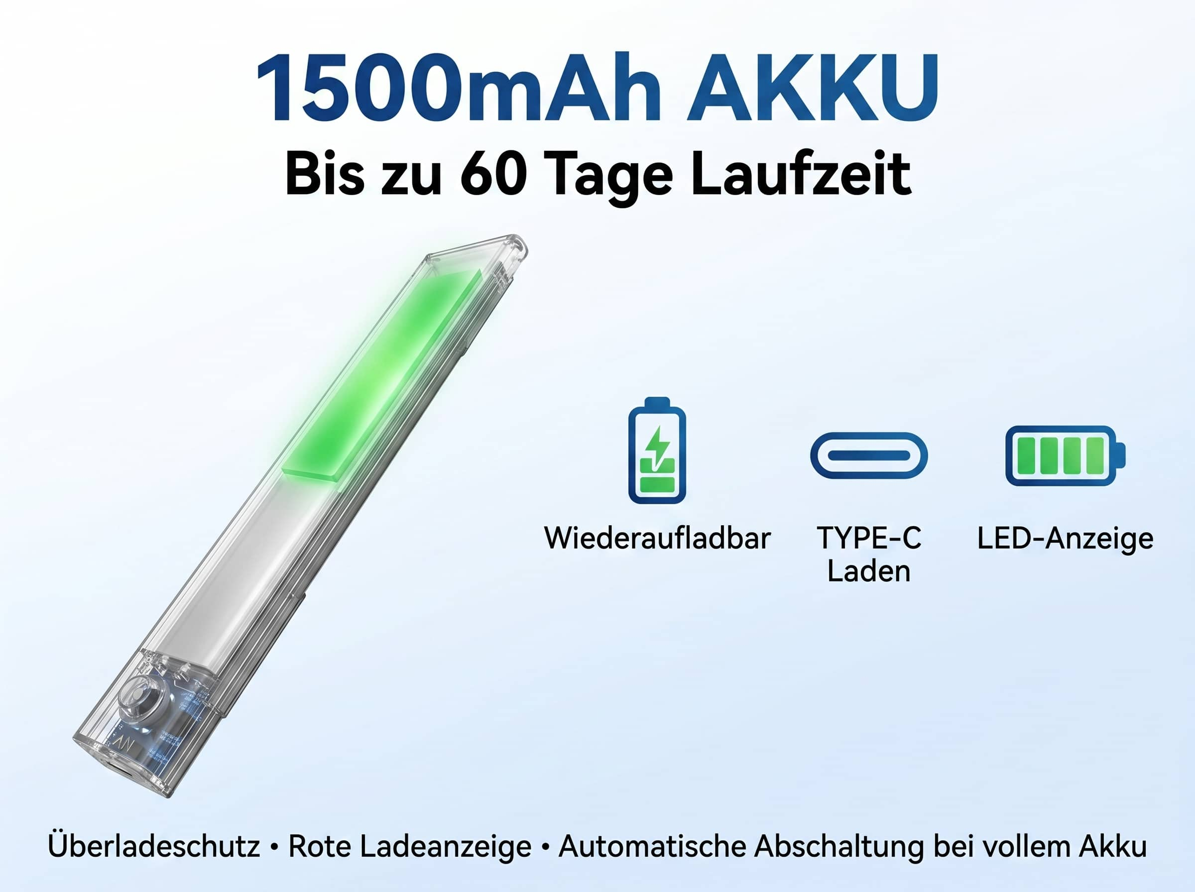 1500mAh Akku, bis zu 60 Tage Laufzeit, wiederaufladbar, Typ-C, LED-Anzeige.