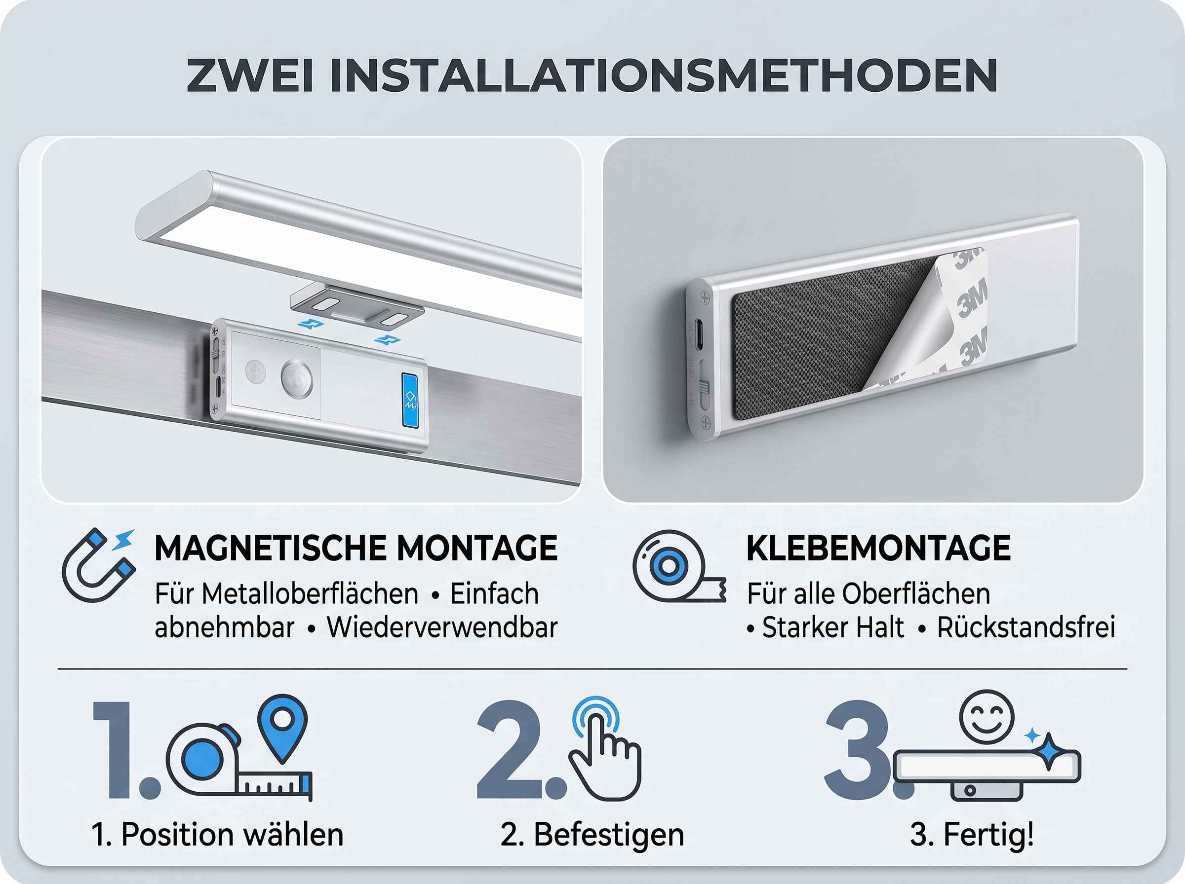 Grafik zeigt zwei Installationsmethoden für eine Leuchte: magnetisch und Klebe.