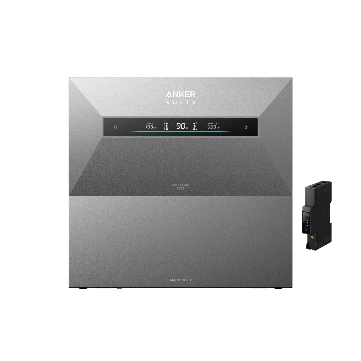 Grauer Anker Solix Solarbank mit Display und schwarzem Zusatzmodul daneben.