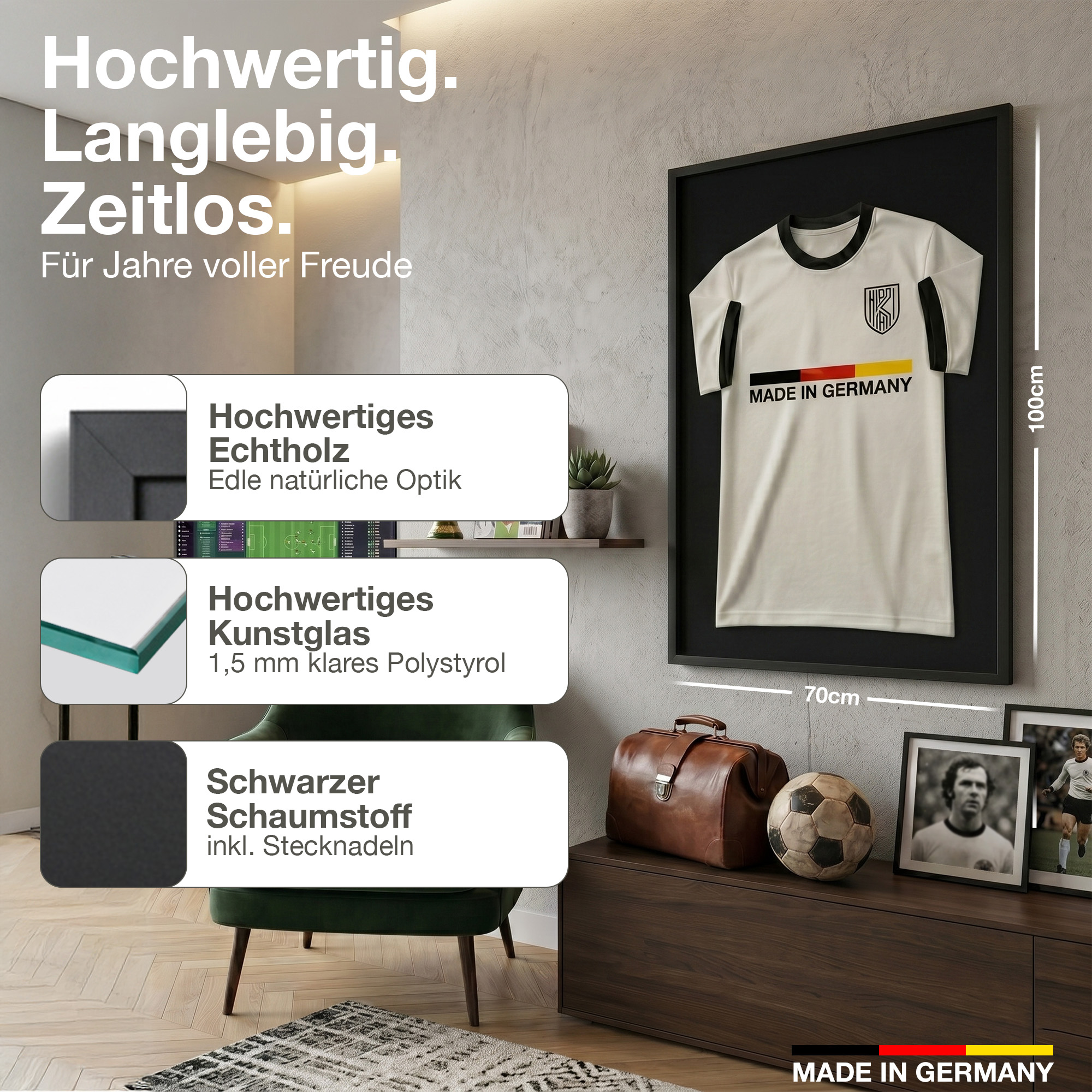 Gerahmtes Deutschland Trikot, Lederkoffer, Fußball, Fotos. Hochwertig.